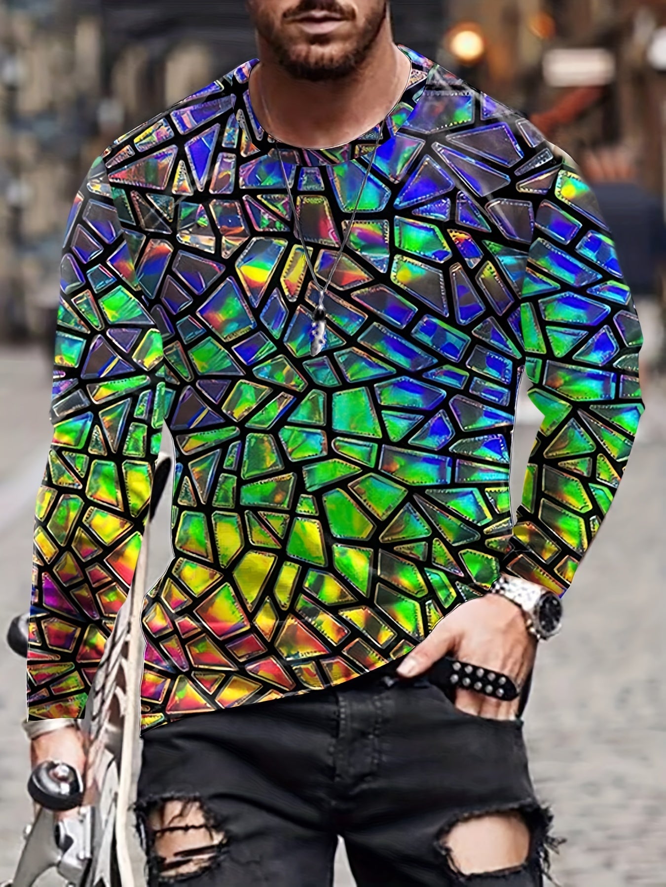 Neon Foil Print Men's Long Sleeve Tee Autumn Stylish Tee