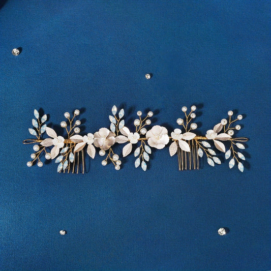 Bridal Flower Headband Hair Comb Faux Pearl Wedding Jewelry