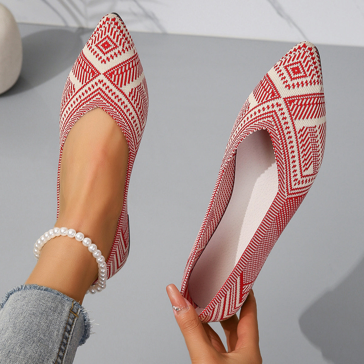 Women's Knit Pointed Toe Flats Soft Sole Slip On Walking Shoes