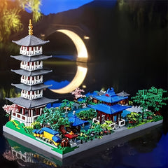 Large Building Blocks Toy with Cherry Blossoms Pagoda, Moonlit River - 3D Model