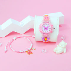 LED Night Light Quartz Watch & Butterfly Bracelet Set - Pink & Purple