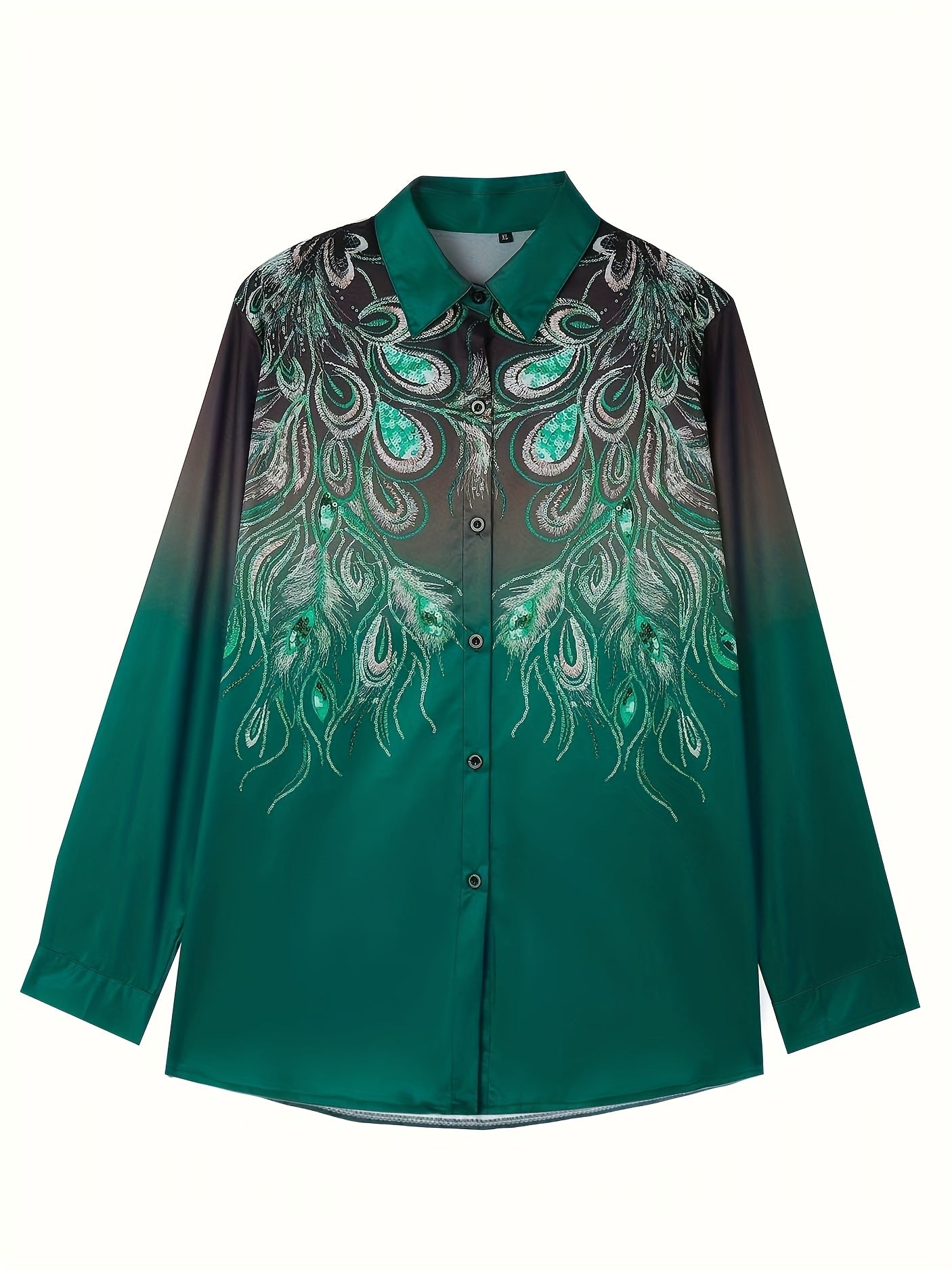 Peacock Print Ombre Button Up Long Sleeve Lapel Collar Shirt Top