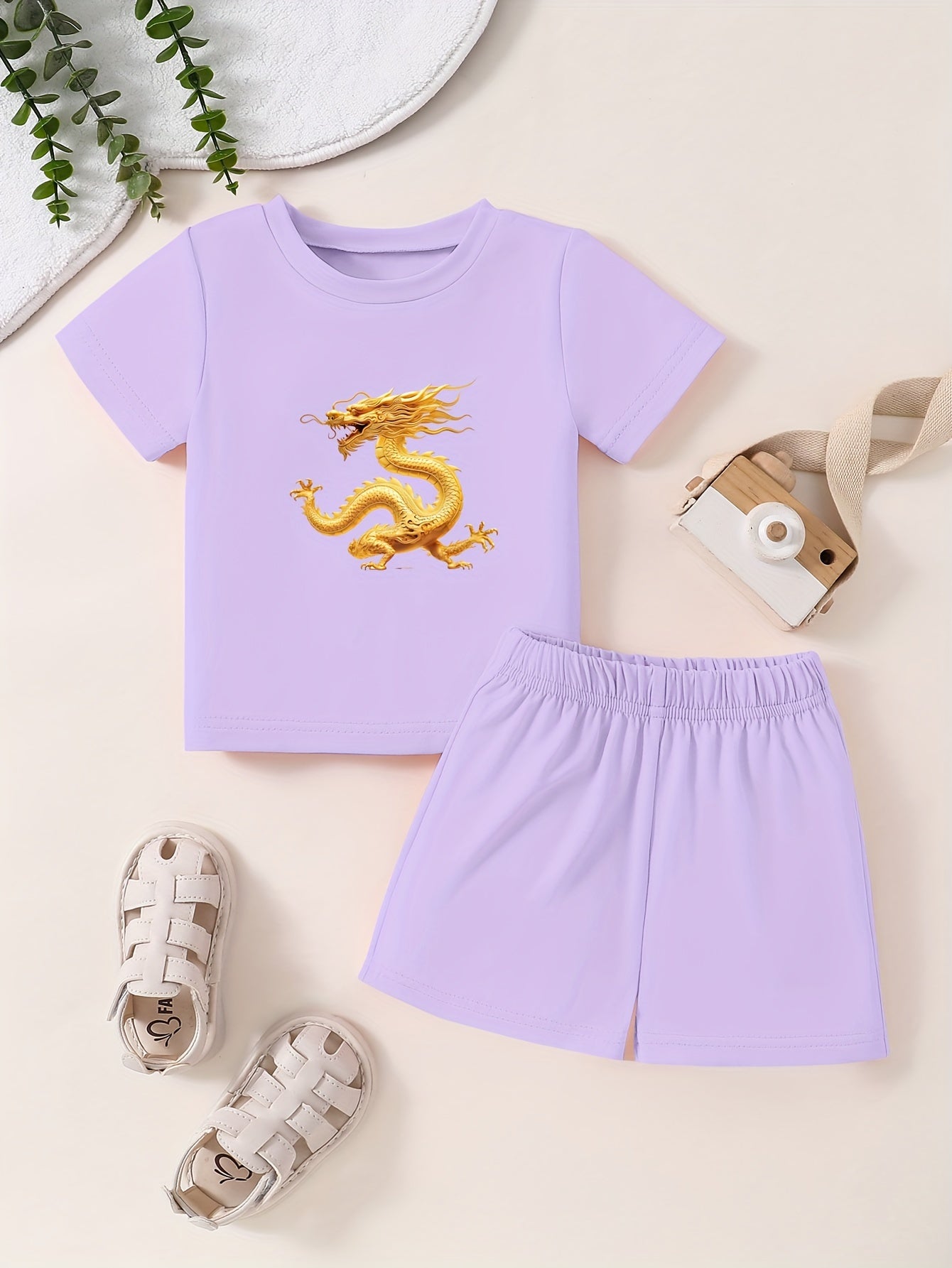 Short Sleeve Dragon Pattern T-shirt & Shorts Set