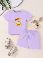 Short Sleeve Dragon Pattern T-shirt & Shorts Set