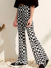 Girl's Plaid High Waisted Flare Leg Pants Stretch Bell Bottom
