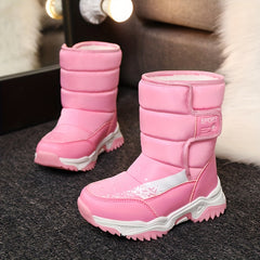 Boys Waterproof Snow Boots w/ Hook and Loop Fastener Soft Warm Fleece Boots