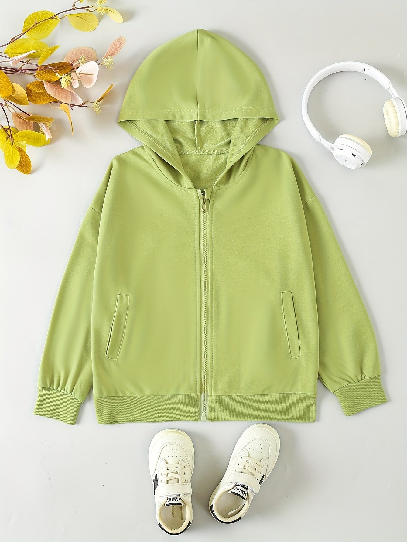 Girl's Solid Zip Up Hoodie Casual Hooded Sweatshirt With Pockets