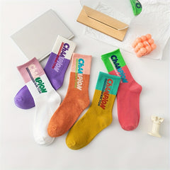 5 Pairs Letter Print Socks Colorblock Crew Socks Women's Stockings
