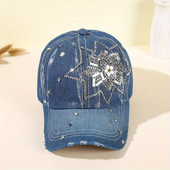 Rhinestone Flower Denim Baseball Cap Sun Hat for Women
