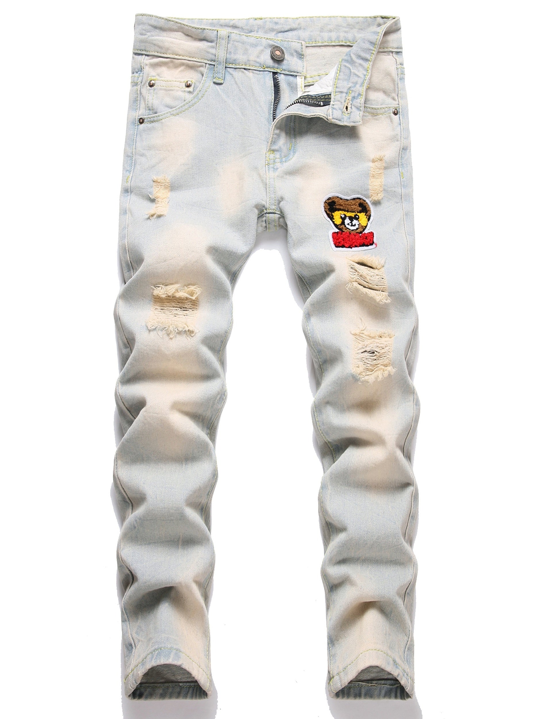 Boys Bear Print Ripped Jeans Skinny Slim Fit Washed Denim Long Pants