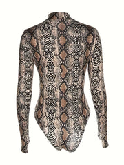 Snakeskin Print Mock Neck Bodysuit Sexy Long Sleeve One Piece Bodysuit