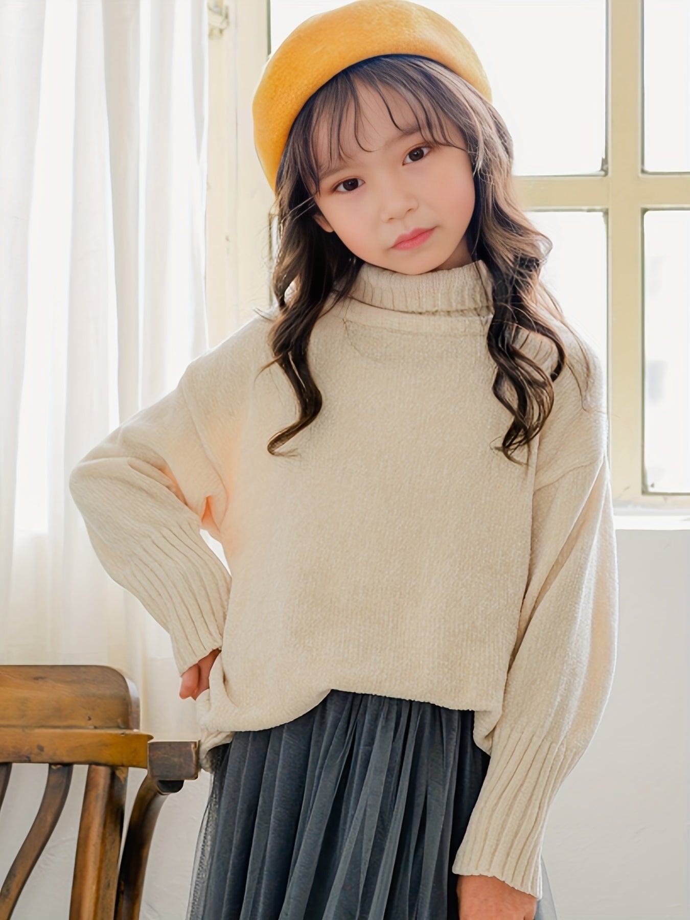 Stretchy Comfy Solid Long Sleeve Sweater Girls Anti Pilling Knitwear