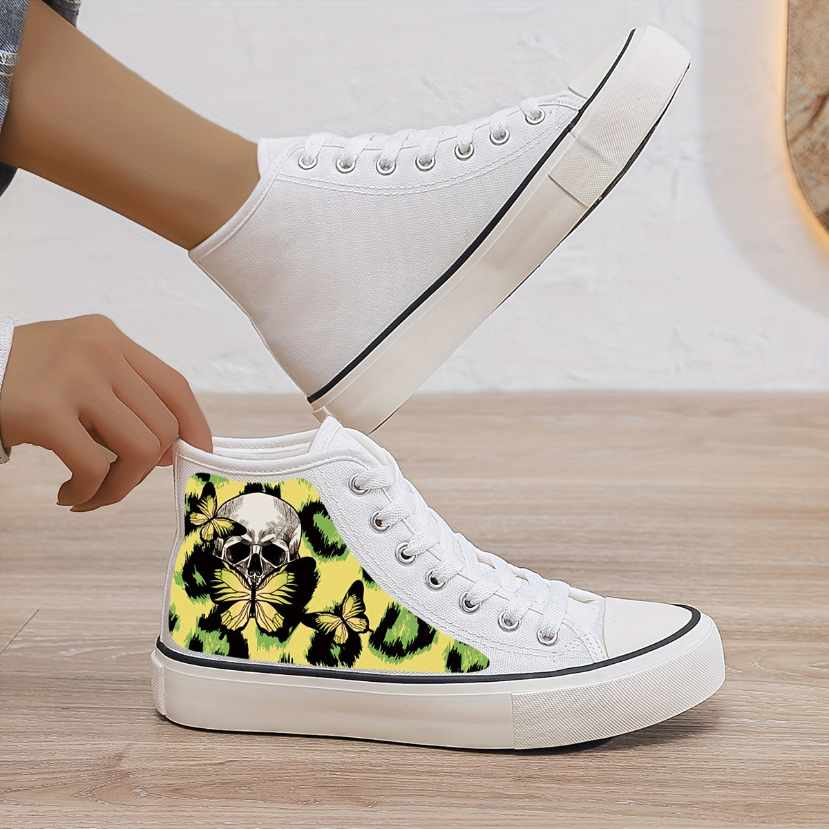 Skull & Butterfly Plush Lined Canvas Sneakers