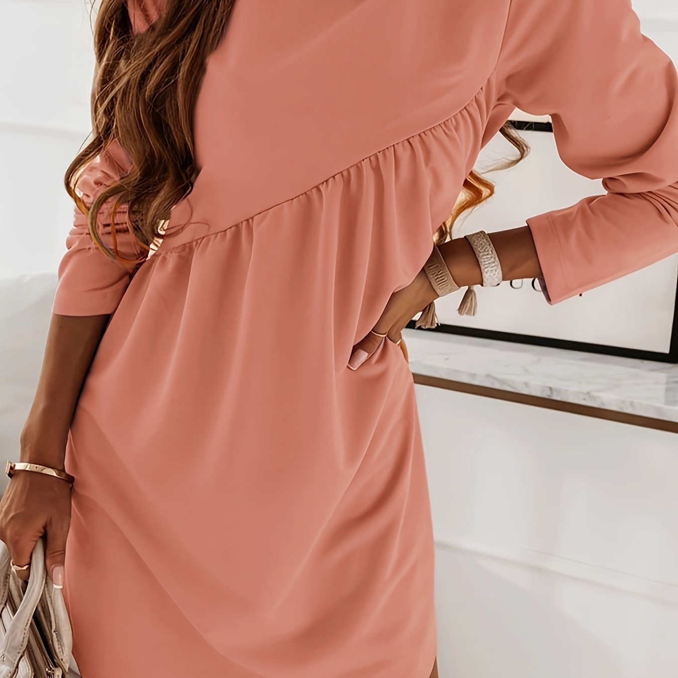 Solid Ruched Long Sleeve Mini Dress