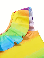 Gradient Rainbow Ruffle Trim Swimsuit for Girls