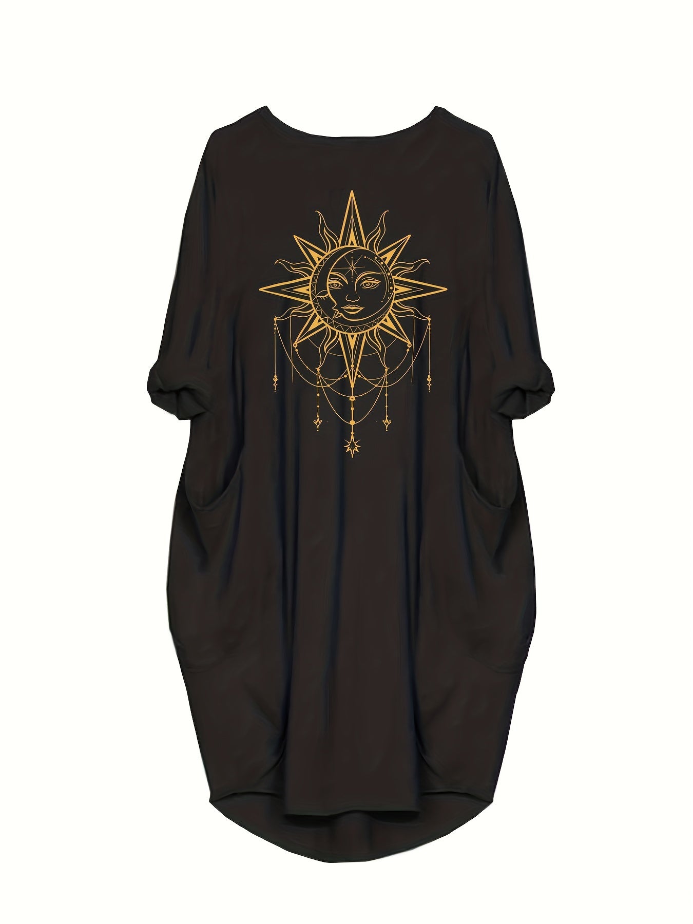 Sun Graphic Print Long Sleeve Round Neck Dress With Pockets