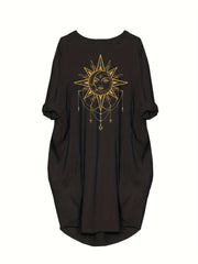 Sun Graphic Print Long Sleeve Round Neck Dress With Pockets