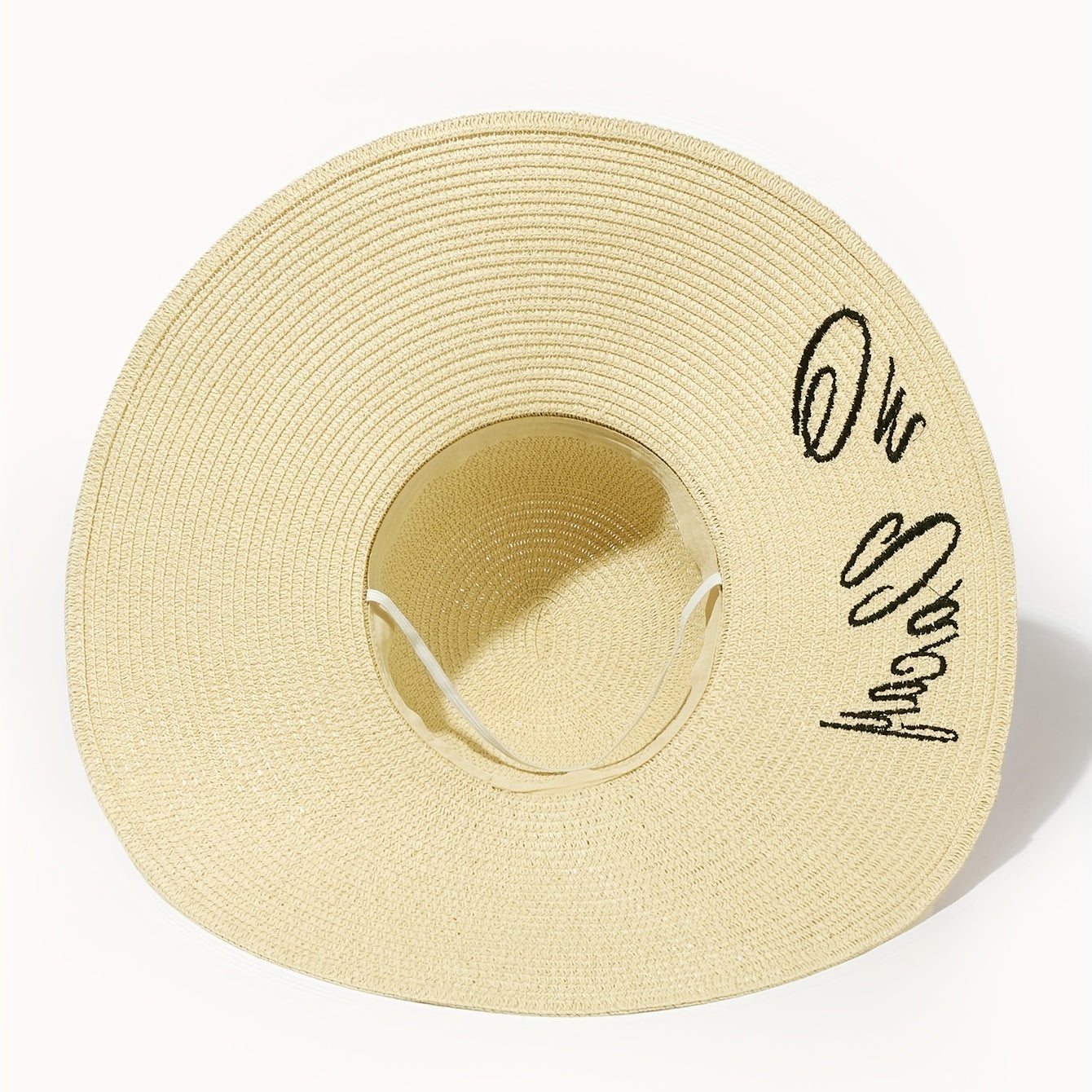 Letter Embroidery Floppy Sun Hat Wide Brim Crochet Straw Hat Beige