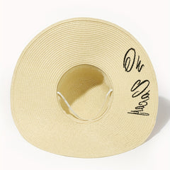 Letter Embroidery Floppy Sun Hat Wide Brim Crochet Straw Hat Beige