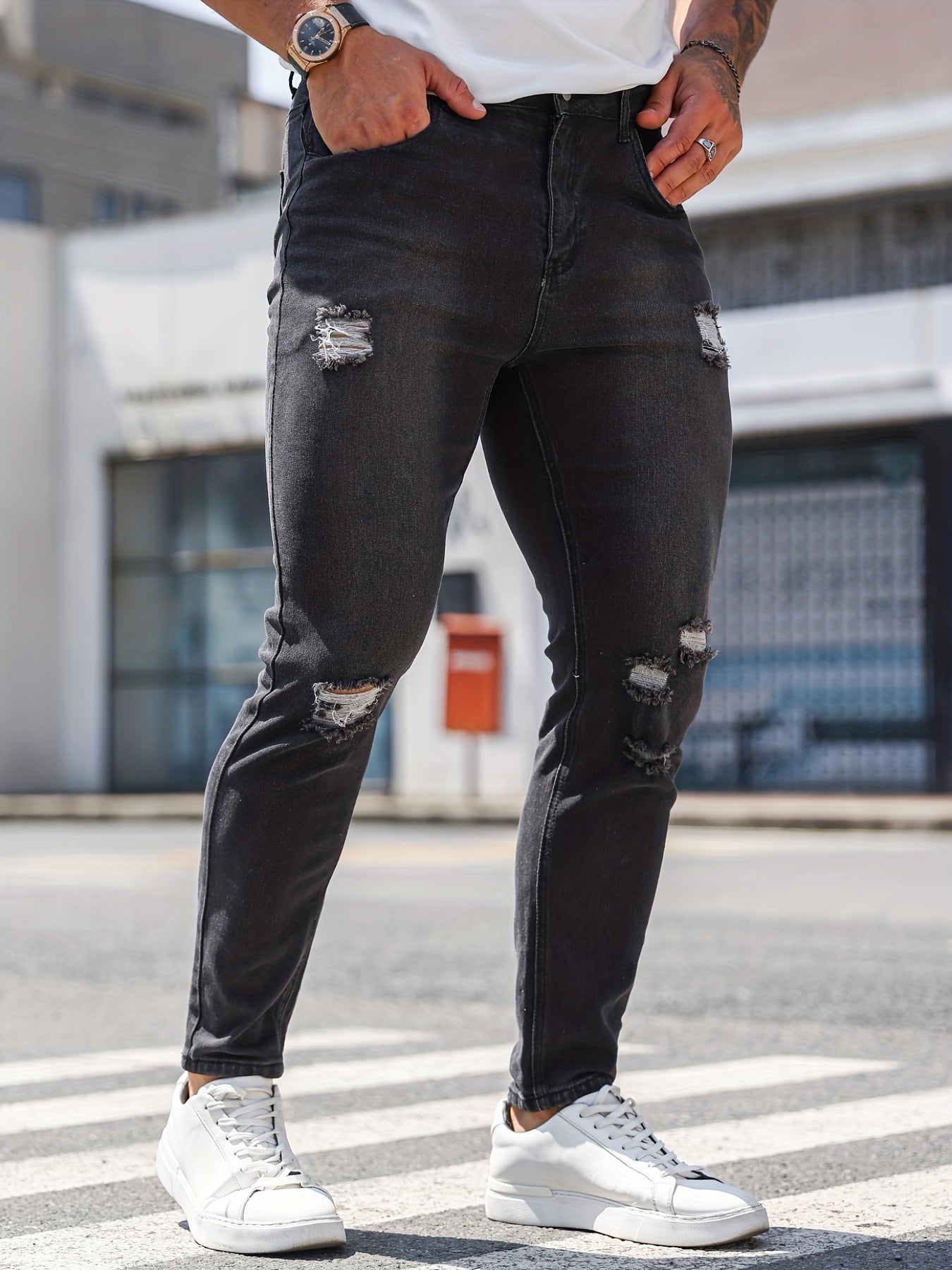 Slim Fit Ripped Jeans Men's Distressed Mid Stretch Denim Pants