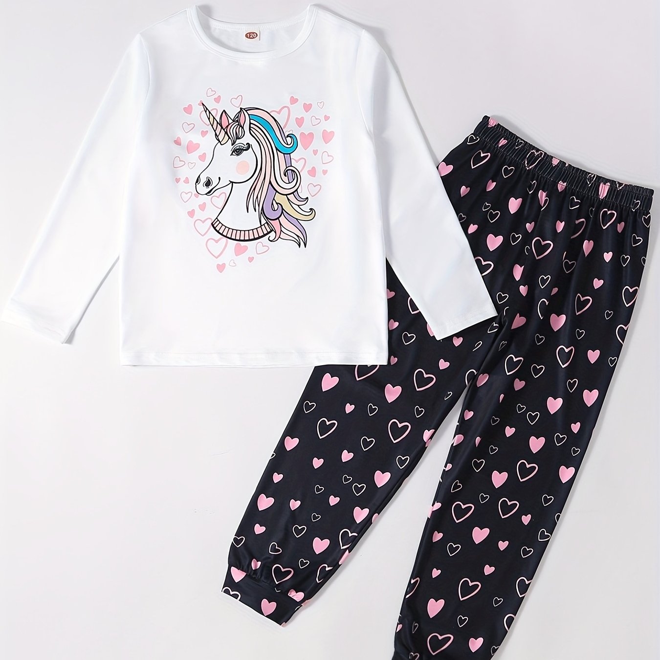 Unicorn Cartoon Long Sleeve Top & Heart Graphic Pants Pj Set