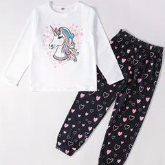 Unicorn Cartoon Long Sleeve Top & Heart Graphic Pants Pj Set