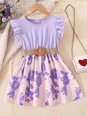Girls Sleeveless Ruffle Crew Neck Flowers Print Splicing Princess Dress