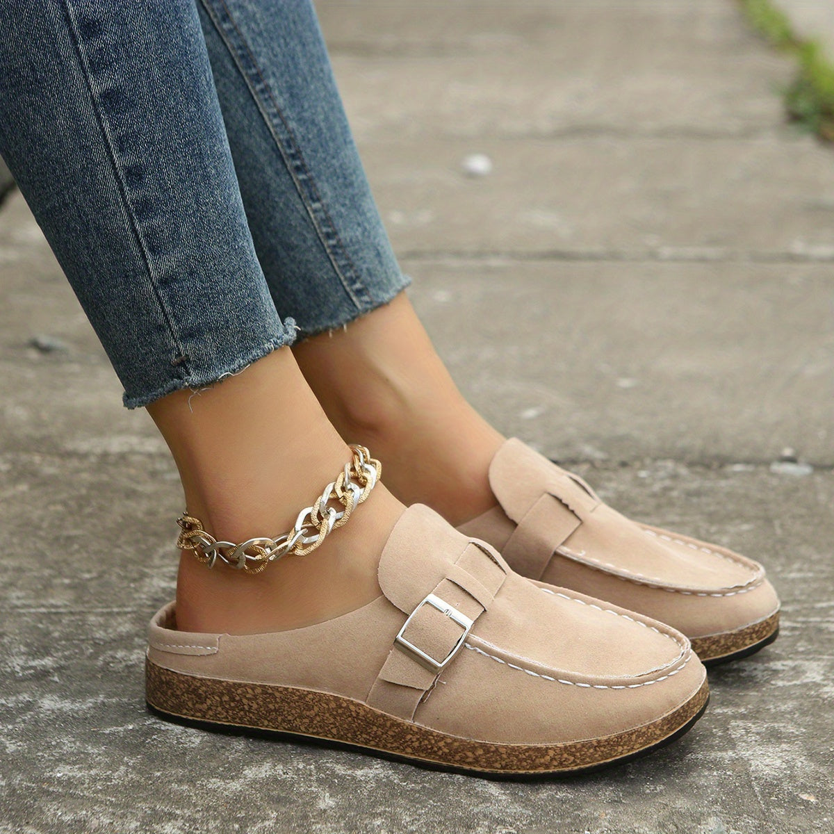 Women's Flat Cork Mules with Buckle Decor