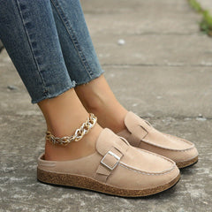 Women's Flat Cork Mules with Buckle Decor