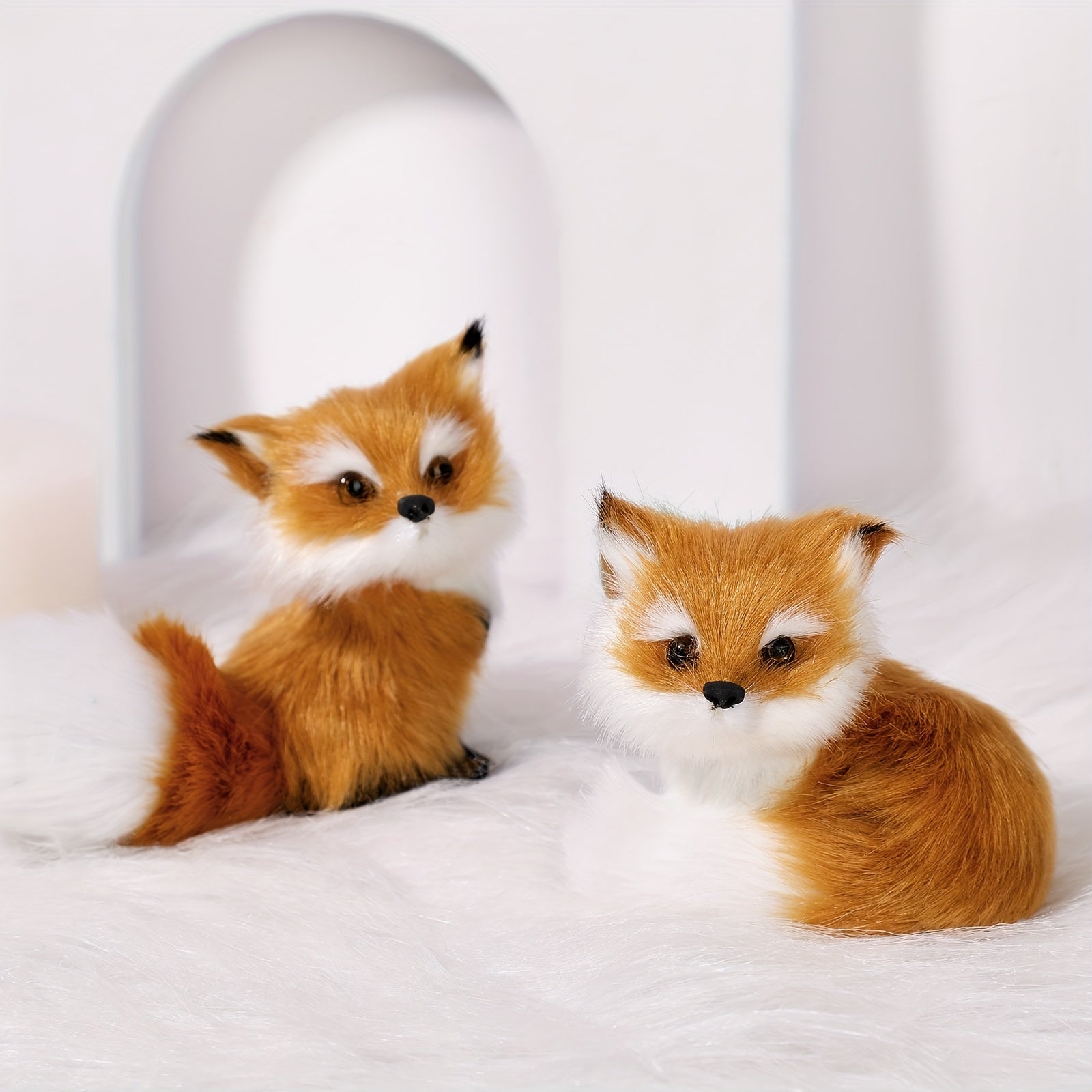 2pcs Realistic Fox Plush Stuffed Animals Soft Mini Toy Brown & Mini Foxes