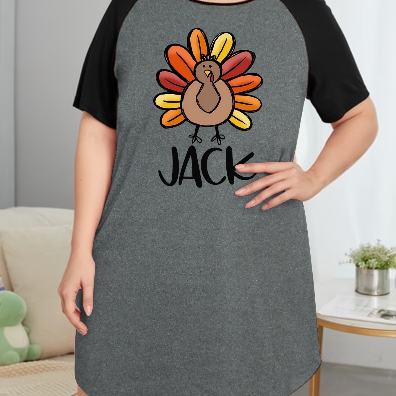 Casual Turkey & Letter Print Raglan Sleeve Tee Sleep Dress