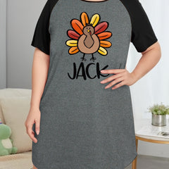 Casual Turkey & Letter Print Raglan Sleeve Tee Sleep Dress
