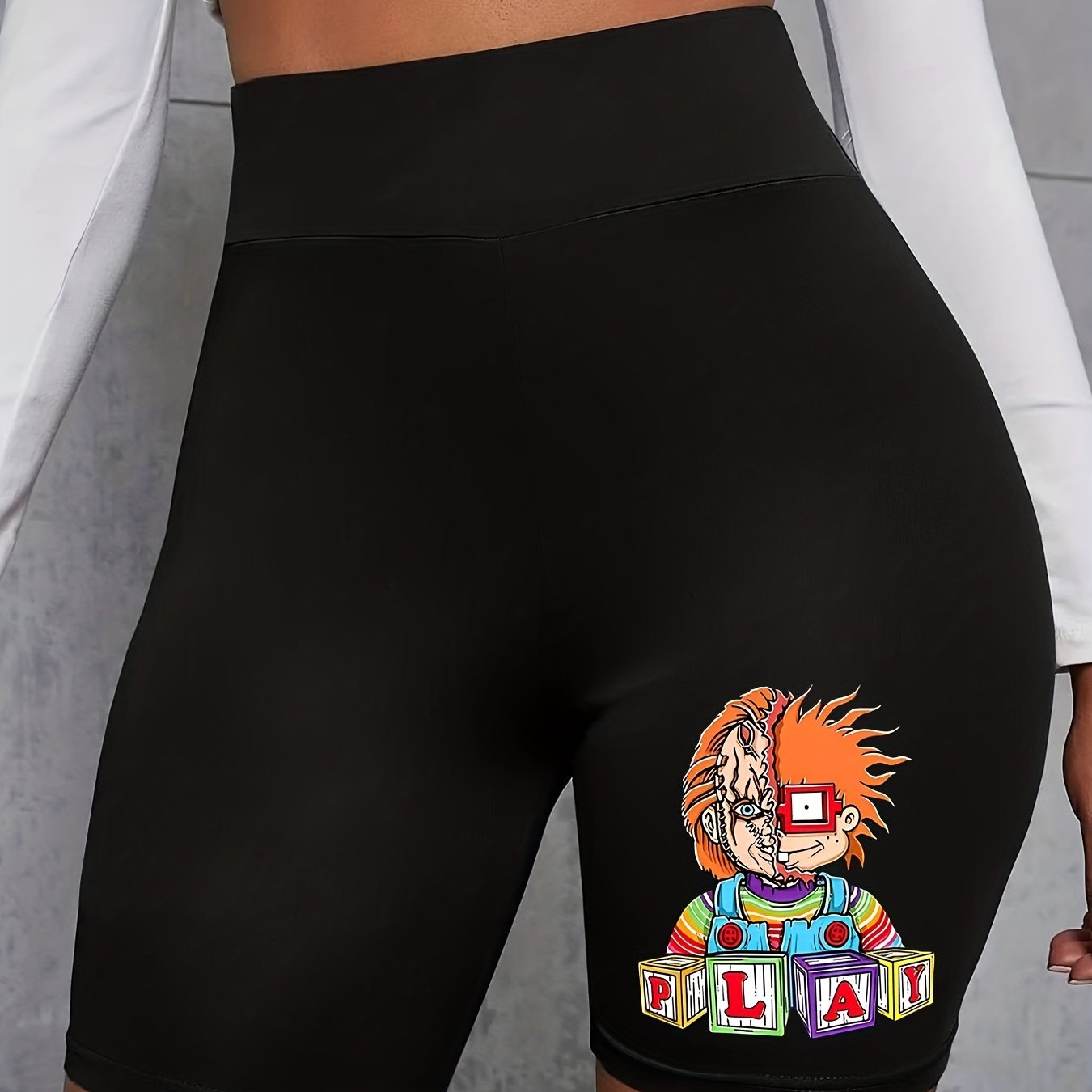 Casual Shorts Women's Plus Cartoon Figure Print High Rise Biker Shorts
