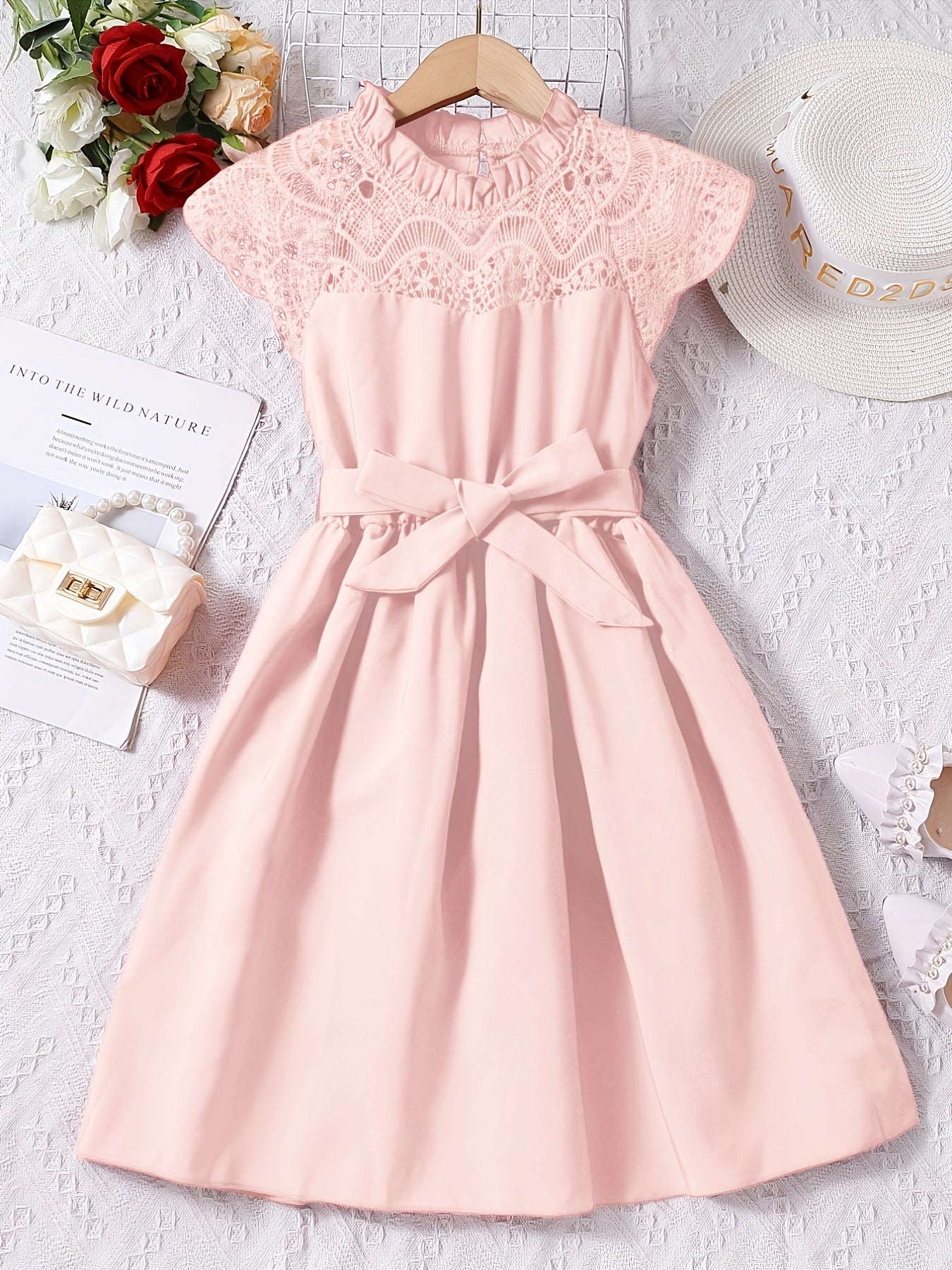 Girls Lace Princess Dress Frill Trim Neck Party Beach Vacation Summer Cloth