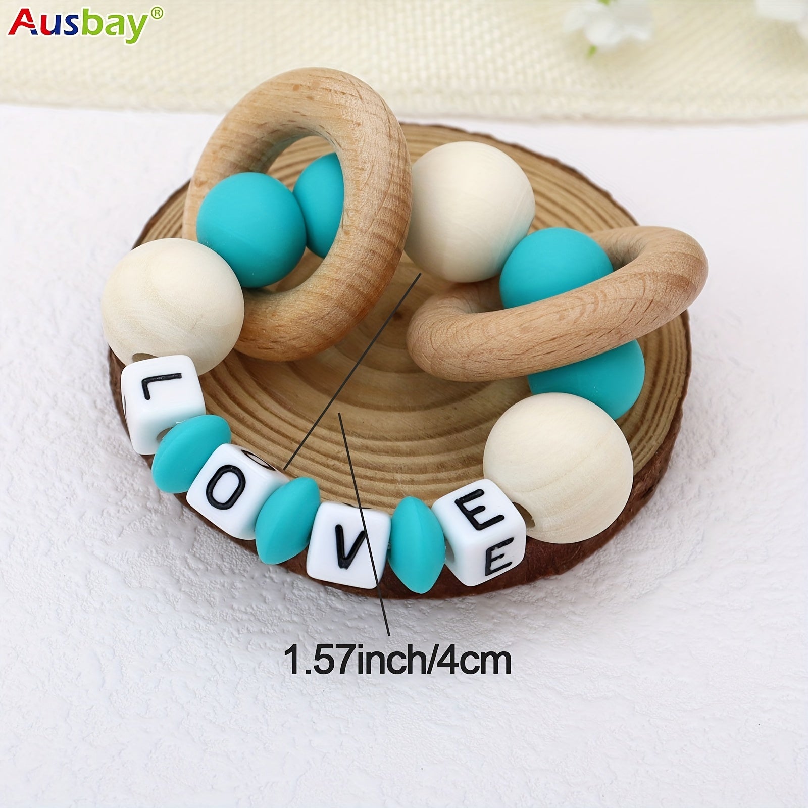 Personalized Wooden Teether Rattle with Silicone Beads