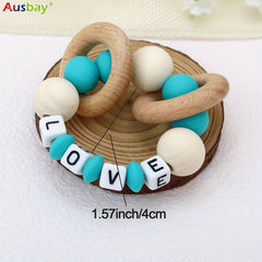 Personalized Wooden Teether Rattle with Silicone Beads