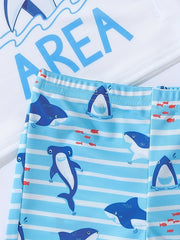 Boys Cartoon Shark Print Swimming Suit Trunks & Tops for Beach Vacation