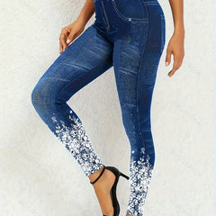 Floral & Denim Print High Rise Plus Leggings