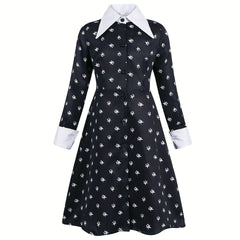 Girls Casual Floral Graphic Print Long Sleeve Button Costume Dress