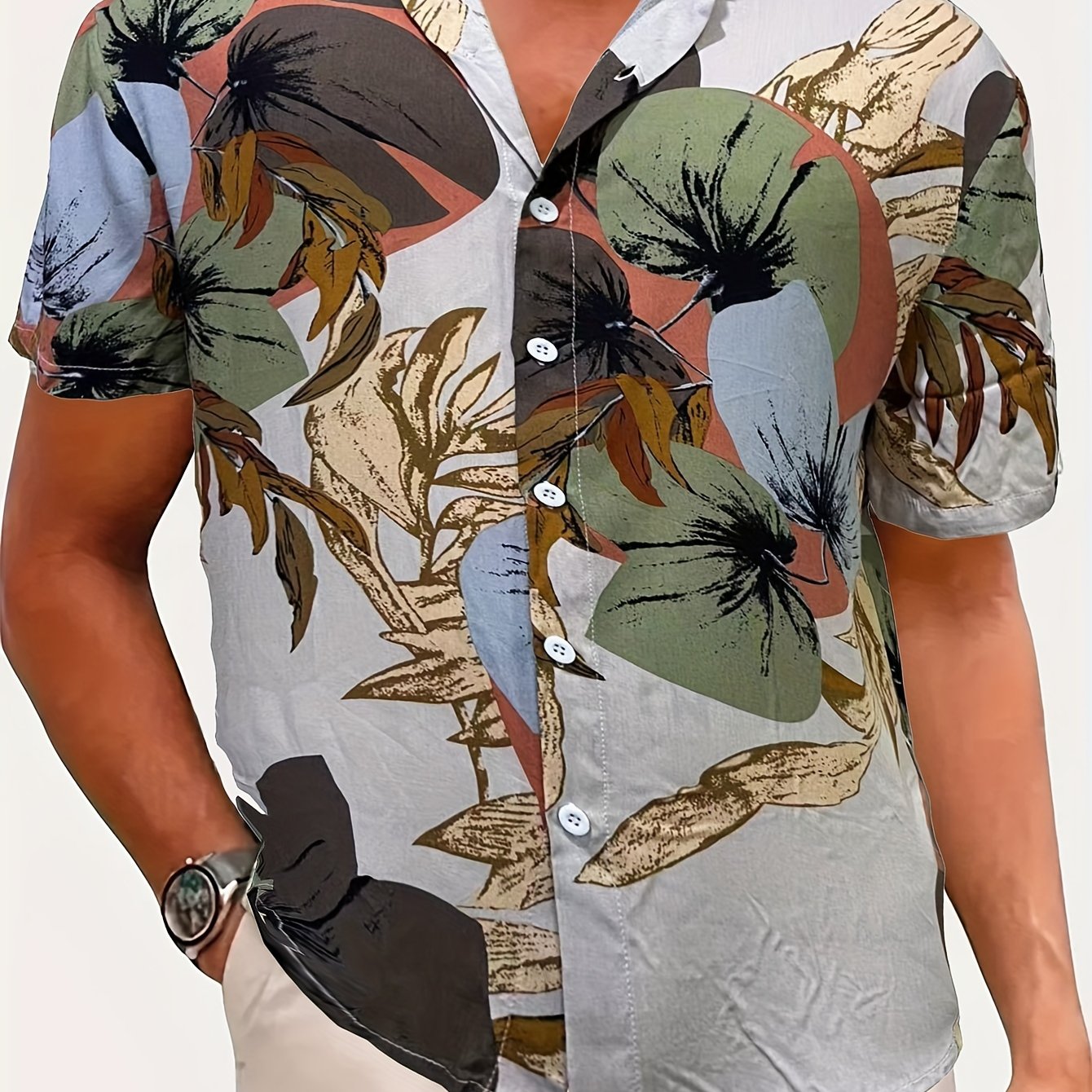 Tropical Leaf Pattern Short Sleeve Shirt Men's Summer Vacation