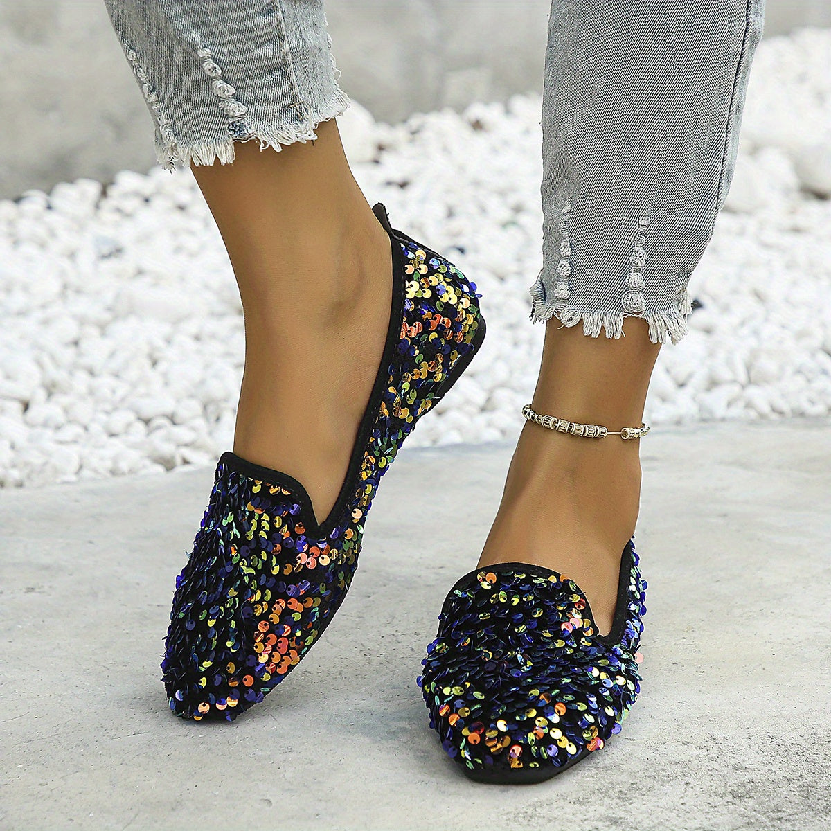 Sequins Flat Shoes Square Toe Soft Sole Ballet Flats