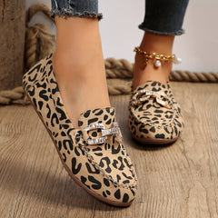 Leopard Print Flat Shoes Rhinestone Buckle Slip On Lightweight Walking Shoes