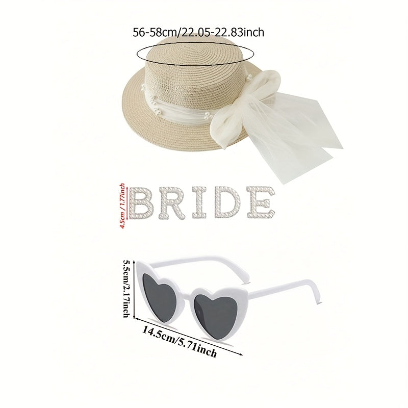Beige Brown Bride Straw Hat and Heart-Shaped Frame Glasses Set