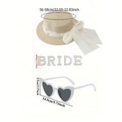 Beige Brown Bride Straw Hat and Heart-Shaped Frame Glasses Set