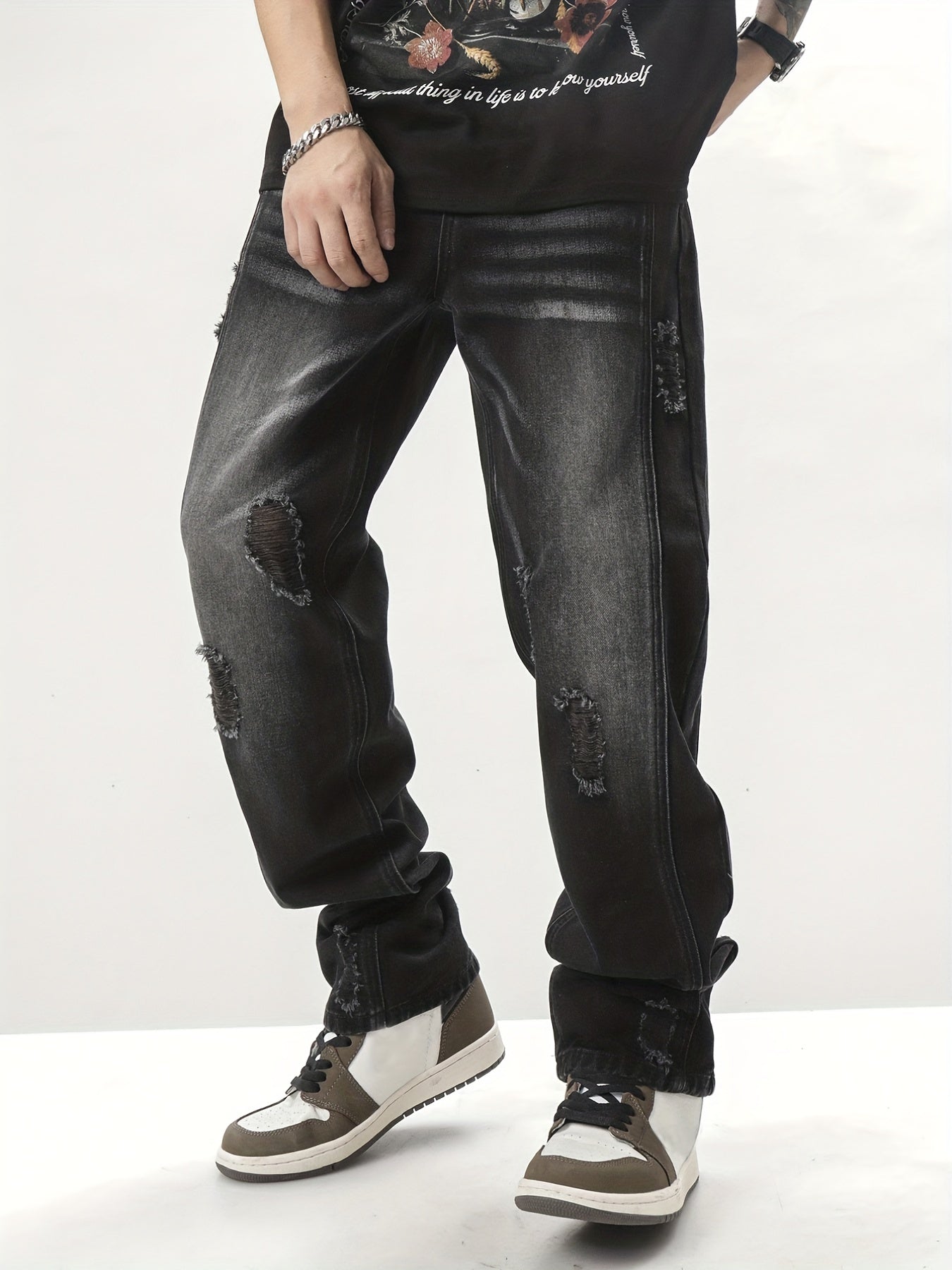 Vintage Ripped Jeans Men's Casual Street Style Distressed Denim Pants