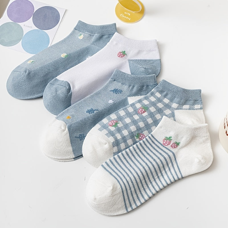 5 Pairs Floral Pattern Ankle Socks Pack Women's Stockings