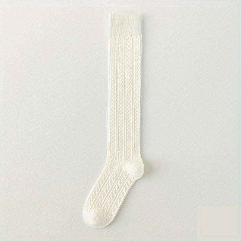 Solid Textured Calf Socks College Style Knee High Socks Women's Stocki