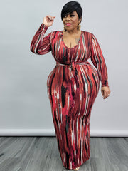 Long Sleeve Bodycon Dress with Belted Print