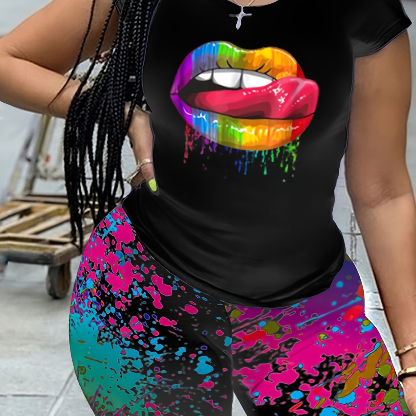 Women's Plus Lip Print Short Sleeve Tee & Painting Print Shorts Set