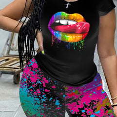 Women's Plus Lip Print Short Sleeve Tee & Painting Print Shorts Set